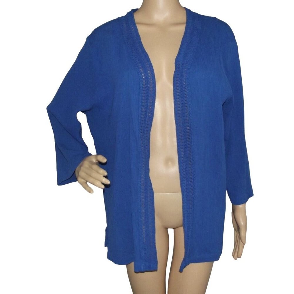 Denim & Company Cardigan XL Royal Blue textured crinkled cotton open front trim
